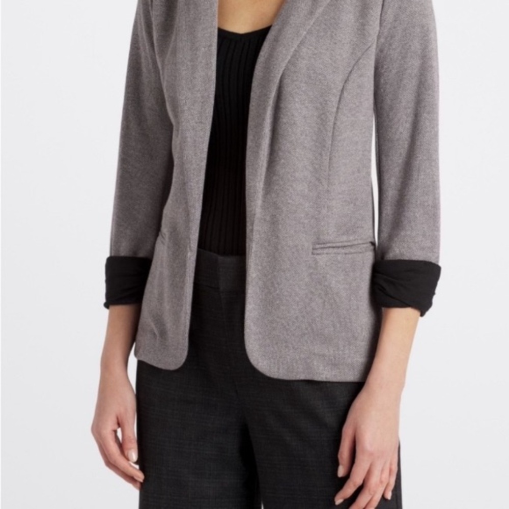Skies Are Blue Asa Knit Blazer Gray Charcoal Open Front 3/4 Sleeves Cuffs Small - Picture 13 of 16